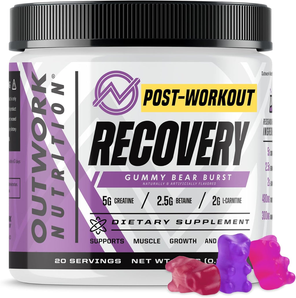 Outwork Nutrition Post Workout Recovery Gummy Bear Burst front view supplement tub