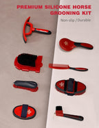 Furrishine 11-piece horse cleaning tools arranged neatly outside the waterproof storage organizer bag.