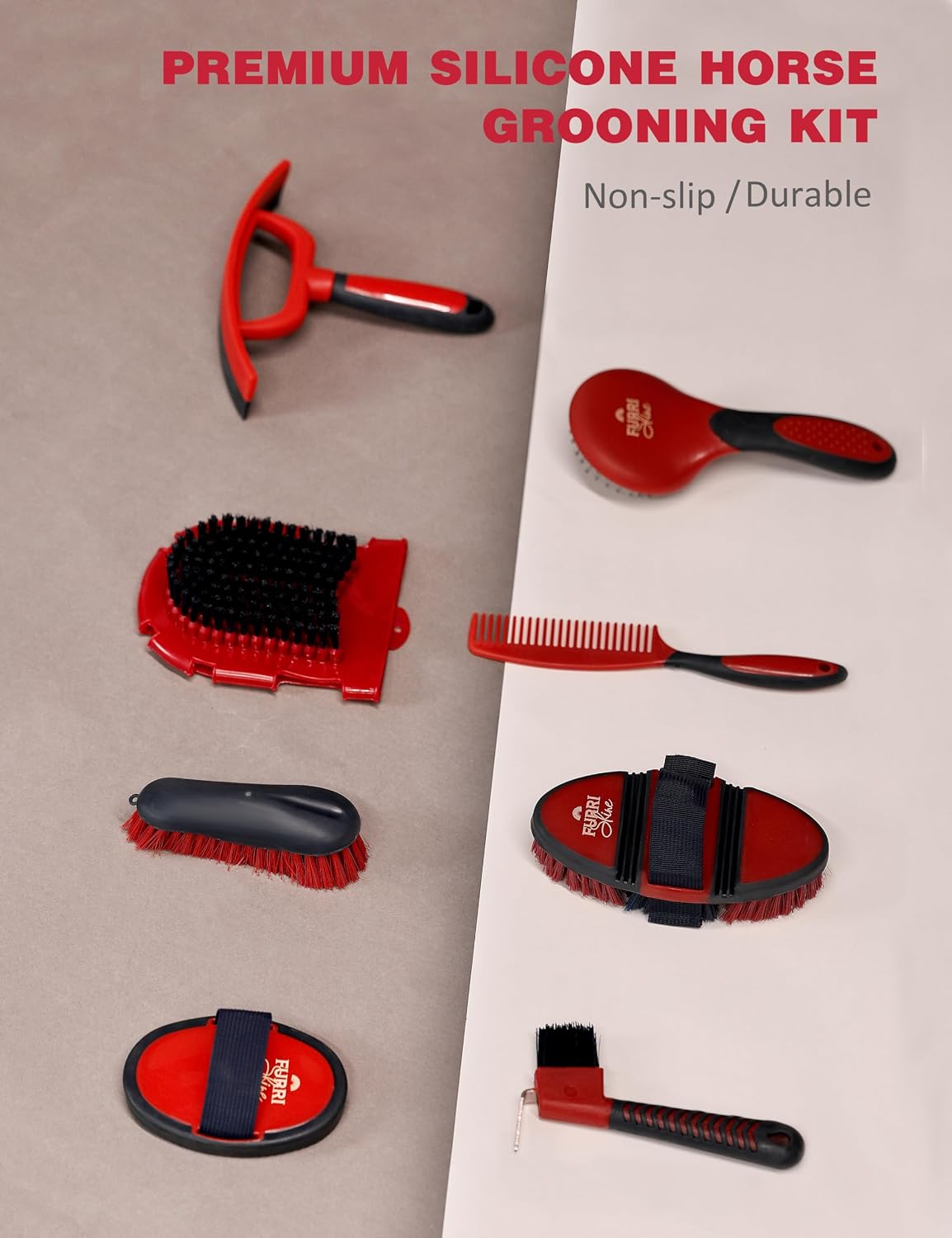 Furrishine 11-piece horse cleaning tools arranged neatly outside the waterproof storage organizer bag.