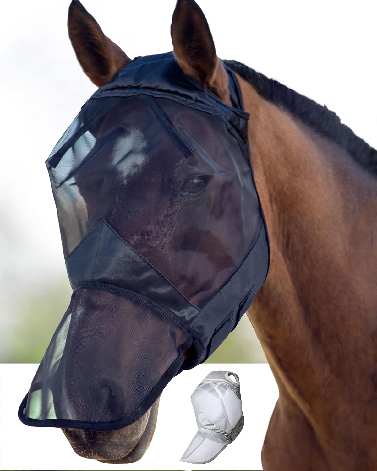 Harrison Howard CareMaster Horse Fly Mask Large Eye Space Full Face No Ears Moonlight Silver Large Full Size - Image 12