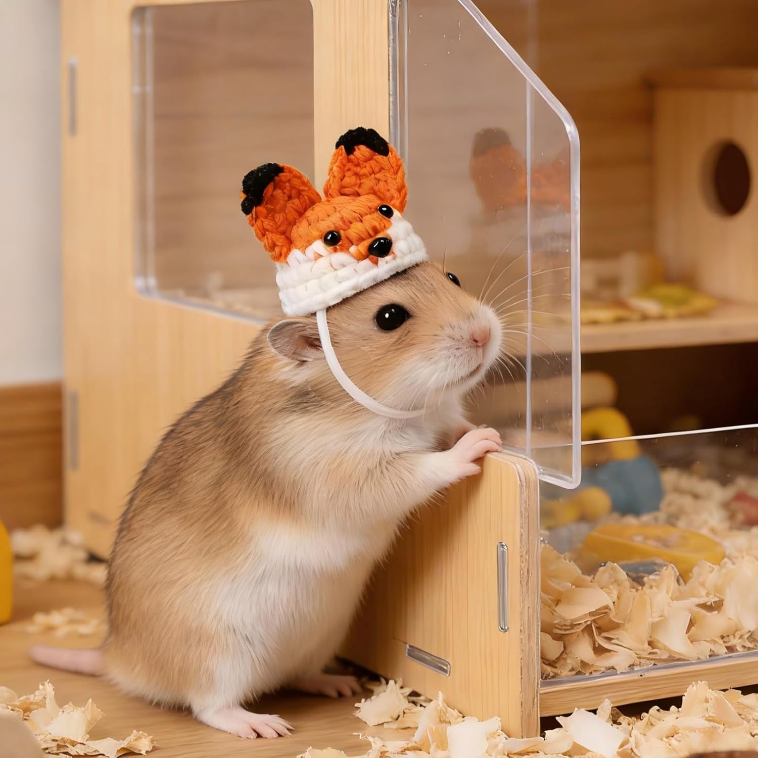 Handcrafted miniature pet apparel display featuring flexible elastic chin straps.