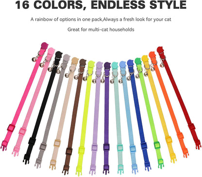 Sixteen pack adjustable cat collars with removable silver jingle bells displayed on a white background