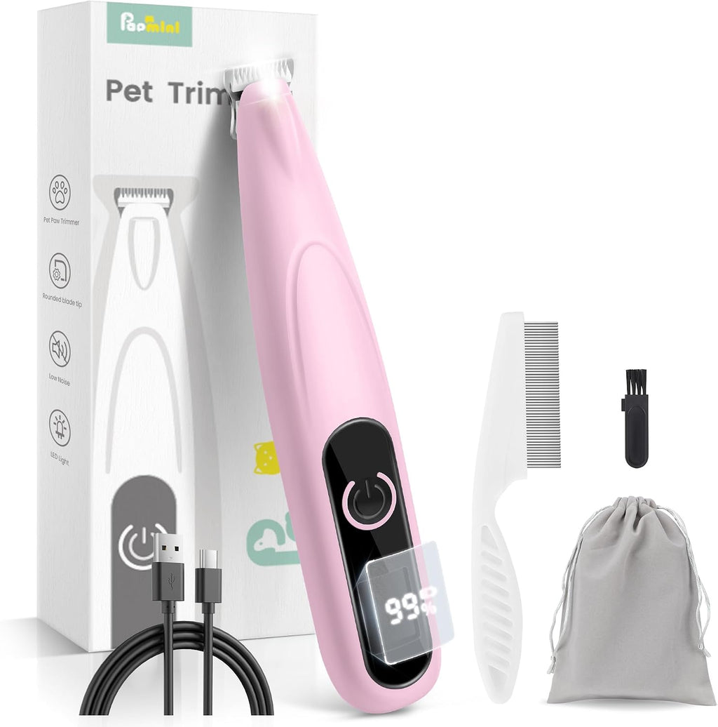 PAPMINI low noise trimmer package elements including Type-C USB charging cable and grooming guide combs.