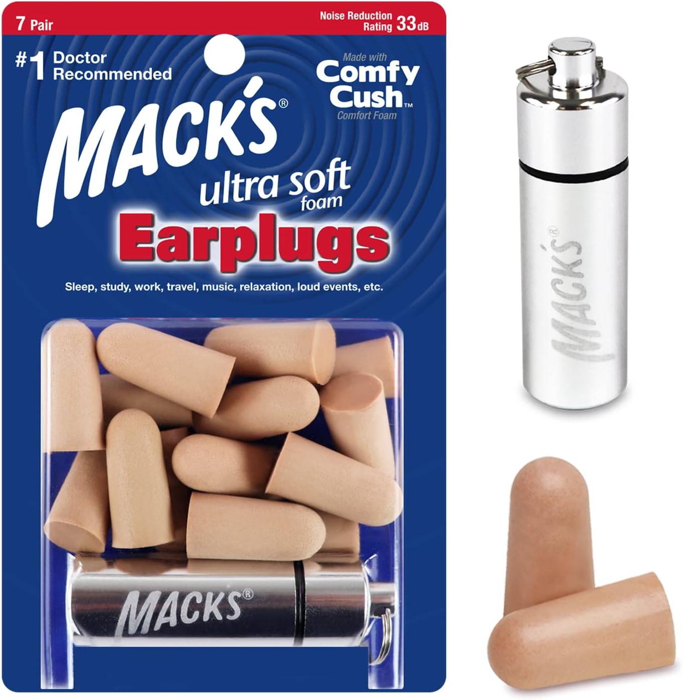 Mack's Ultra Soft Foam Earplugs 7 pair pack front view noise reduction