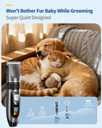 Rechargeable silent pet grooming kit displaying the complete set including interchangeable blades and guide combs.