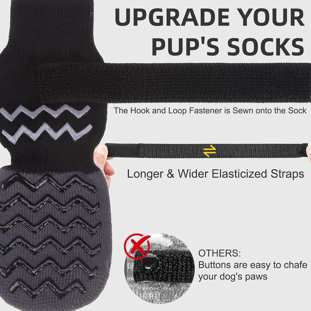 Dog wearing Nesayver black anti slip socks on hardwood floor