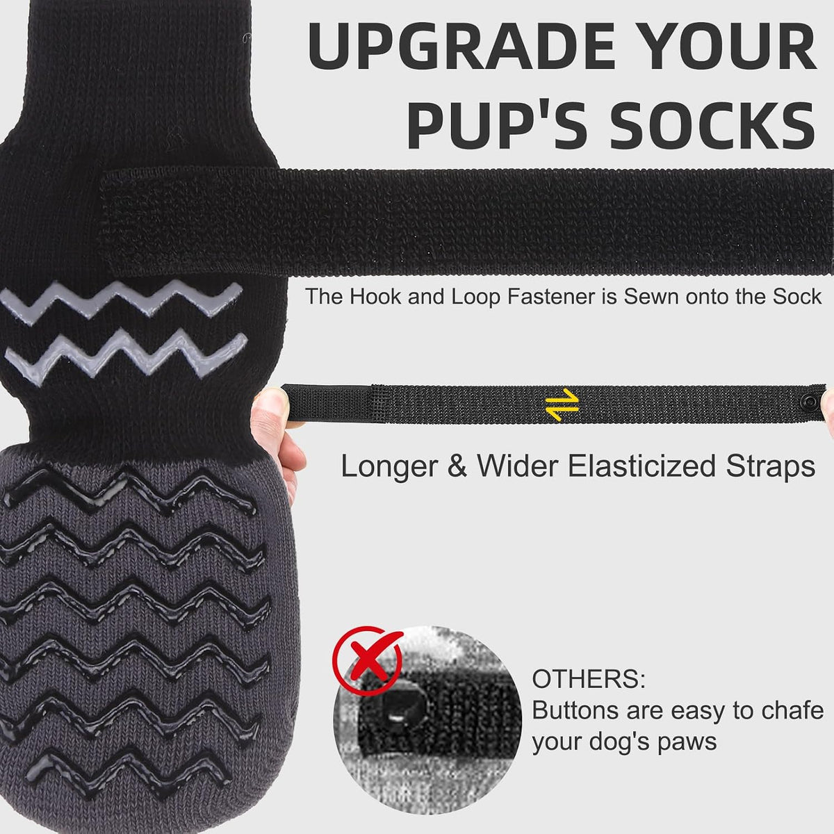Dog wearing Nesayver black anti slip socks on hardwood floor