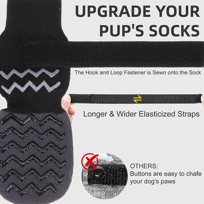 Dog wearing Nesayver black anti slip socks on hardwood floor