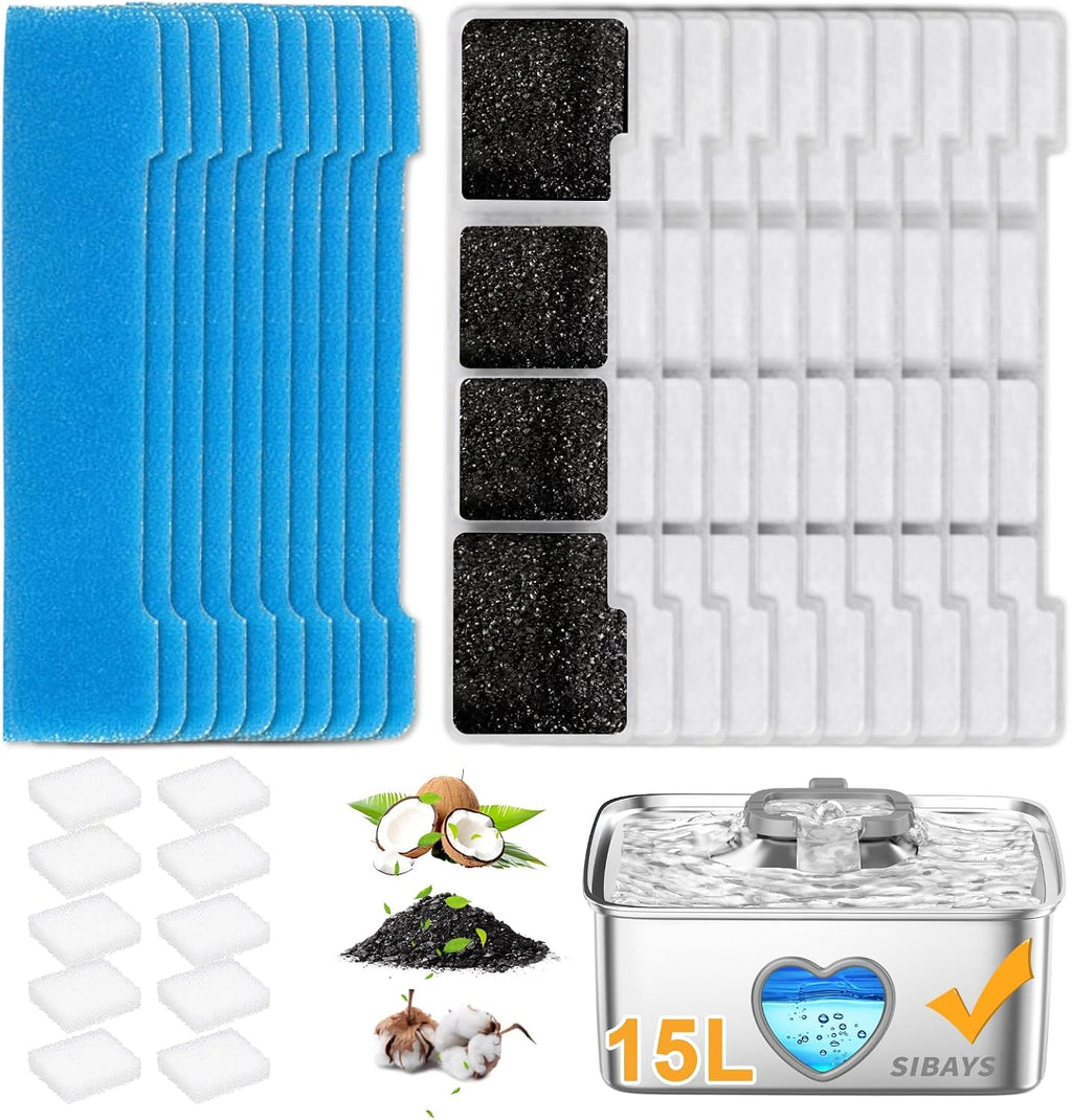 SIBAYS Dog Water Fountain Filter Replacement, 4Gal/15L Pet Fountain Filters, Made of Activated Carbon and PP Cotton, 8 Pet Water Fountain Filters, 8 Pre-Filter Sponge with 8 Pump Sponge(Model: L05) - Image 9