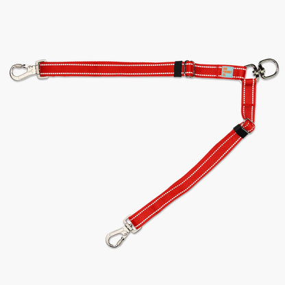 Adjustable dog leash splitter with safety locks extended to maximum length.
