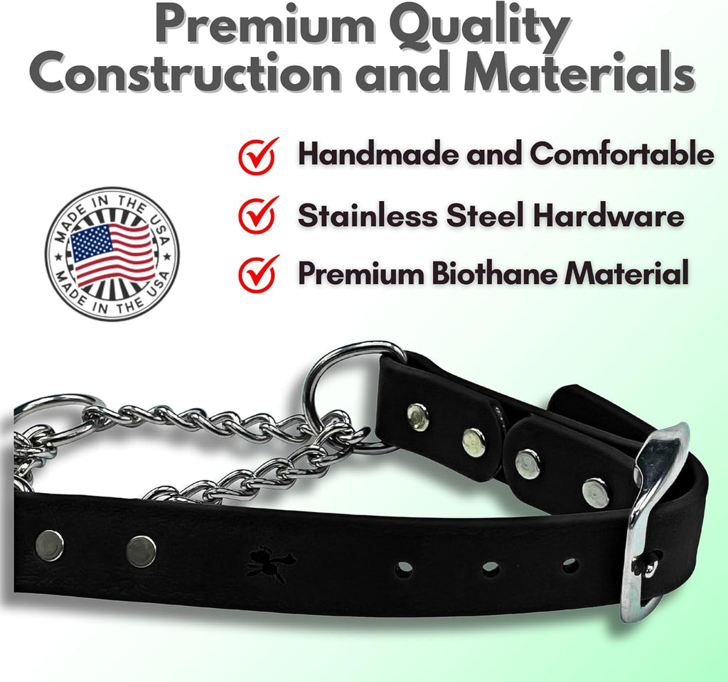 Medium size no pull martingale collar laid flat showing the secure hole punch buckle design.