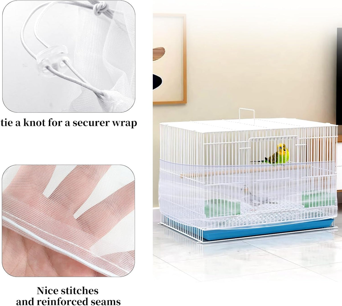 Demonstration of breathable fine mesh material for parakeet and macaw cages