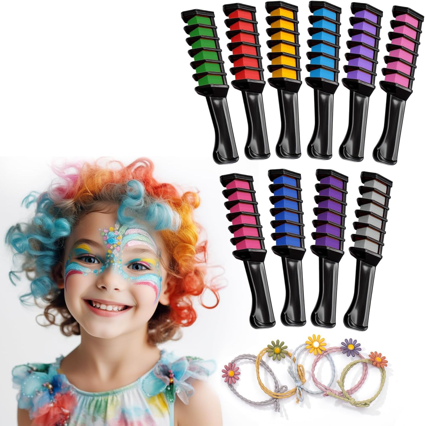 Magicat Hair Chalk Comb Set front view showcasing ten vibrant temporary colors and styling accessories