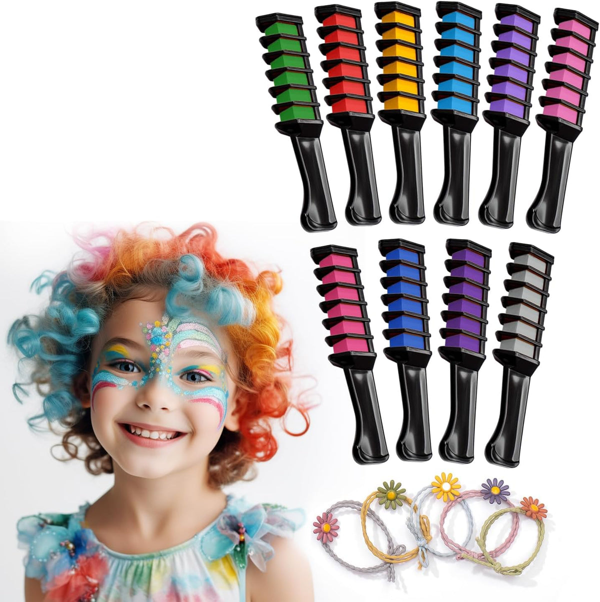 Magicat Hair Chalk Comb Set front view showcasing ten vibrant temporary colors and styling accessories
