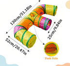 Multicolor interactive pet tube toy for indoor cats and kittens spread out on a floor.
