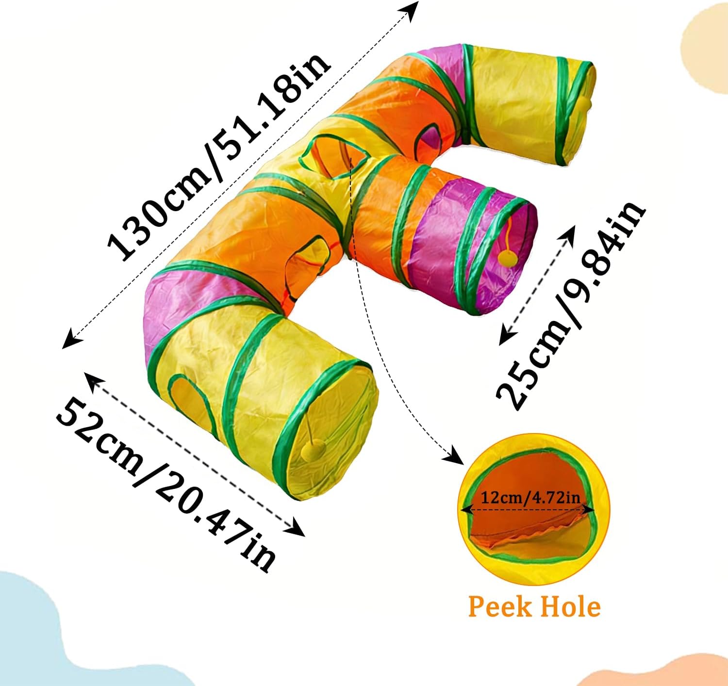 Multicolor interactive pet tube toy for indoor cats and kittens spread out on a floor.