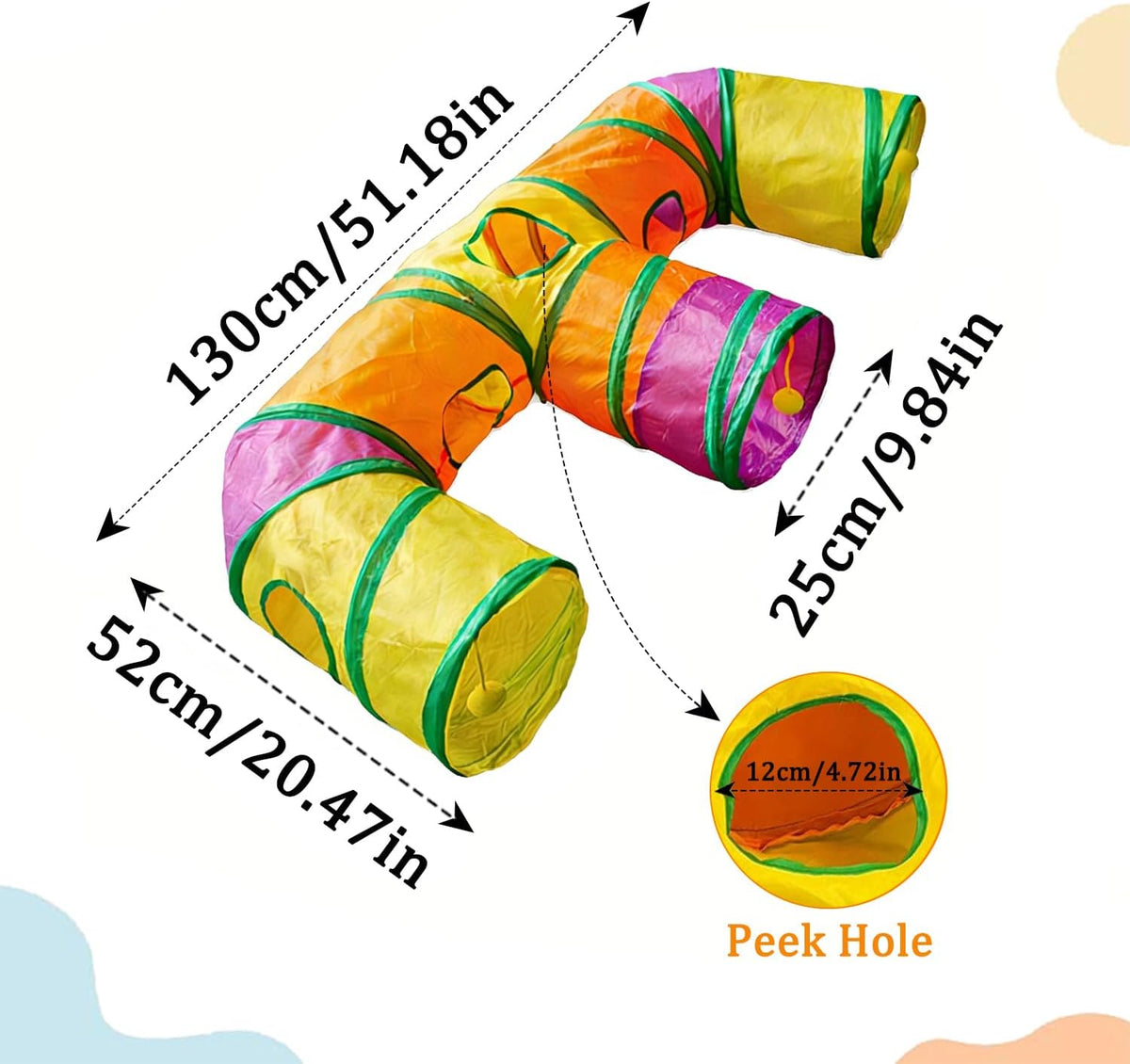 Multicolor interactive pet tube toy for indoor cats and kittens spread out on a floor.