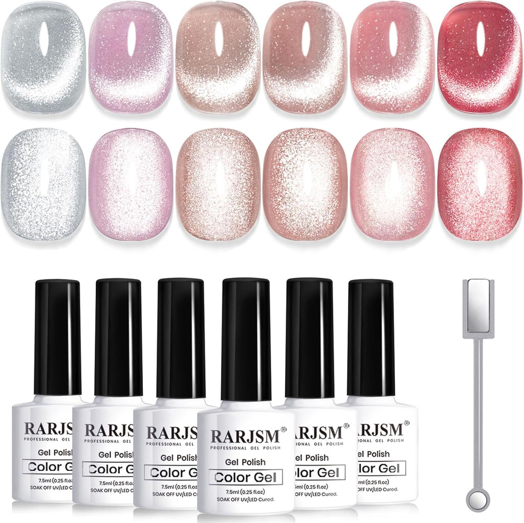 RARJSM Cat Eye Gel Nail Polish Set front view showing six bottles and magnet stick