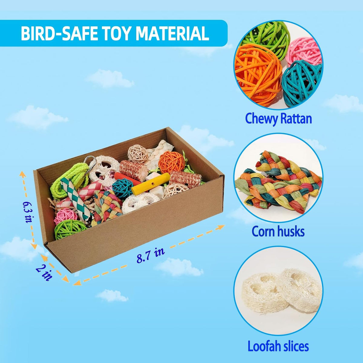 Detailed view of non-toxic bird toy materials