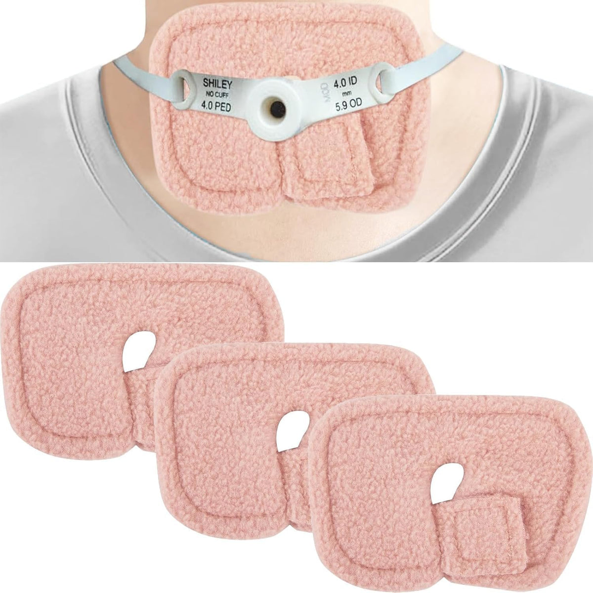 GZDDG Reusable Tracheostomy Tube Cover Pads front view showing pink fleece material.
