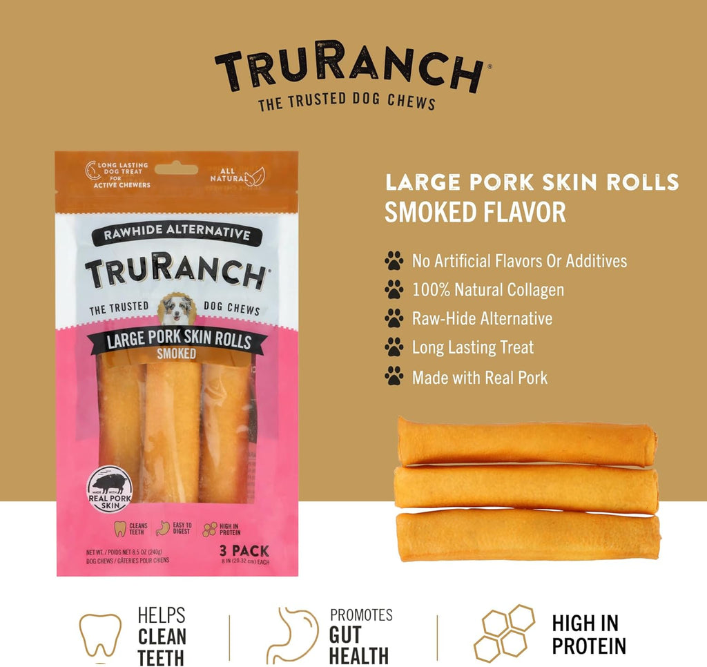 Truranch smoked collagen rolls packaging showing three count dog treats