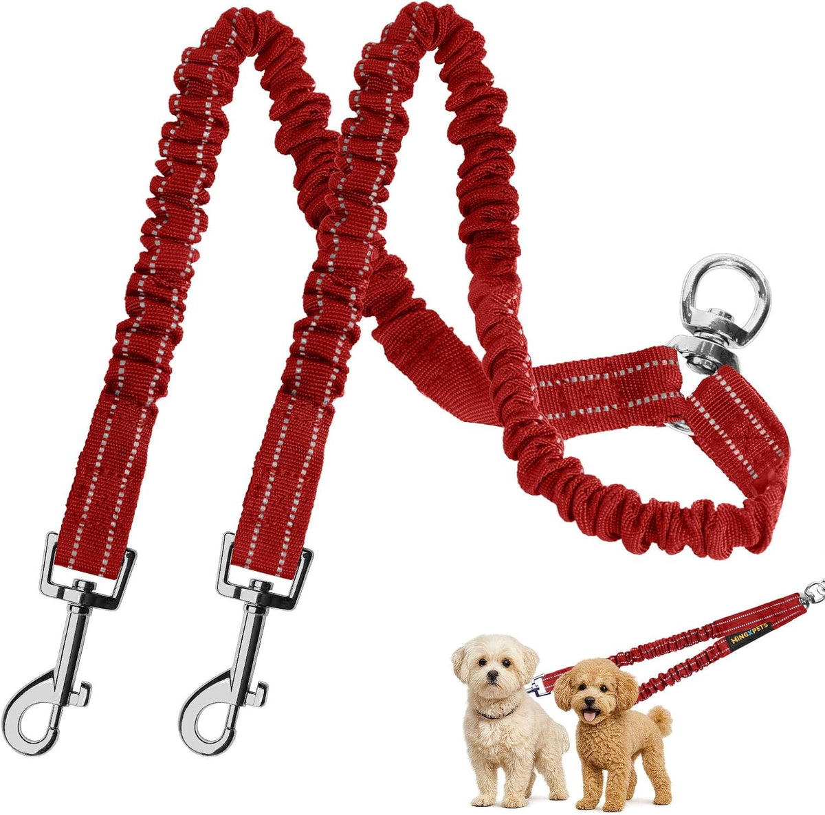 MingXpet 2 Dog Leash, Dog Leash for 2 Dogs, 360 degrees Swivel No Tangle Double Walking Training Leashes for Small Dogs, Comfortable Shock Absorbing Reflective Bungee, Pink - Image 10