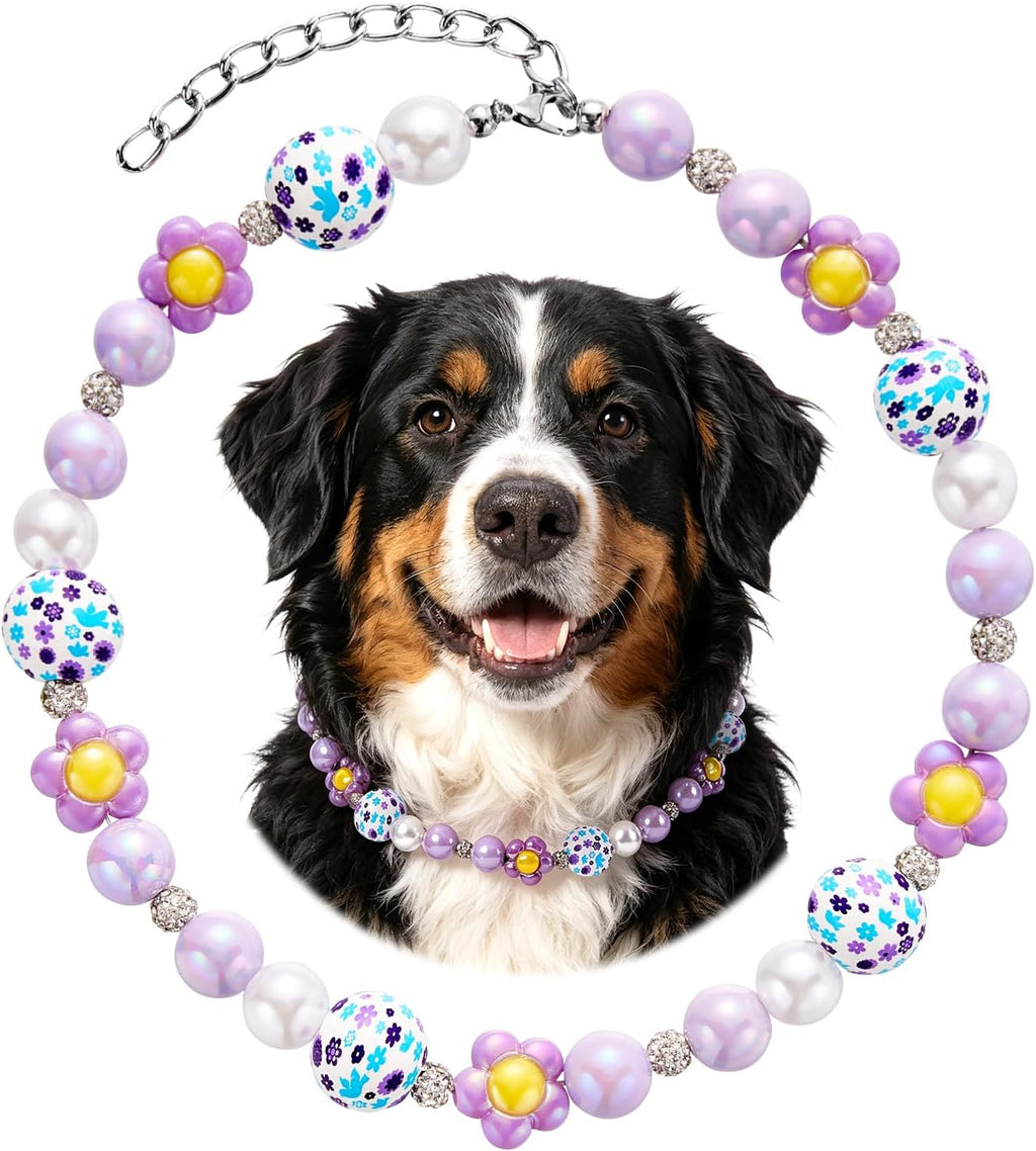 Flower Beaded Dog Collar Colorful Dog Beaded Necklace Collar Adjustable Pearl Necklace for Small Medium Large Dogs Pet Accessories for Wedding Birthday Party Prop (Pink, S) - Image 9