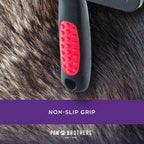 Ergonomic black and red non slip comfort grip handle of the Paw Brothers pet grooming tool.