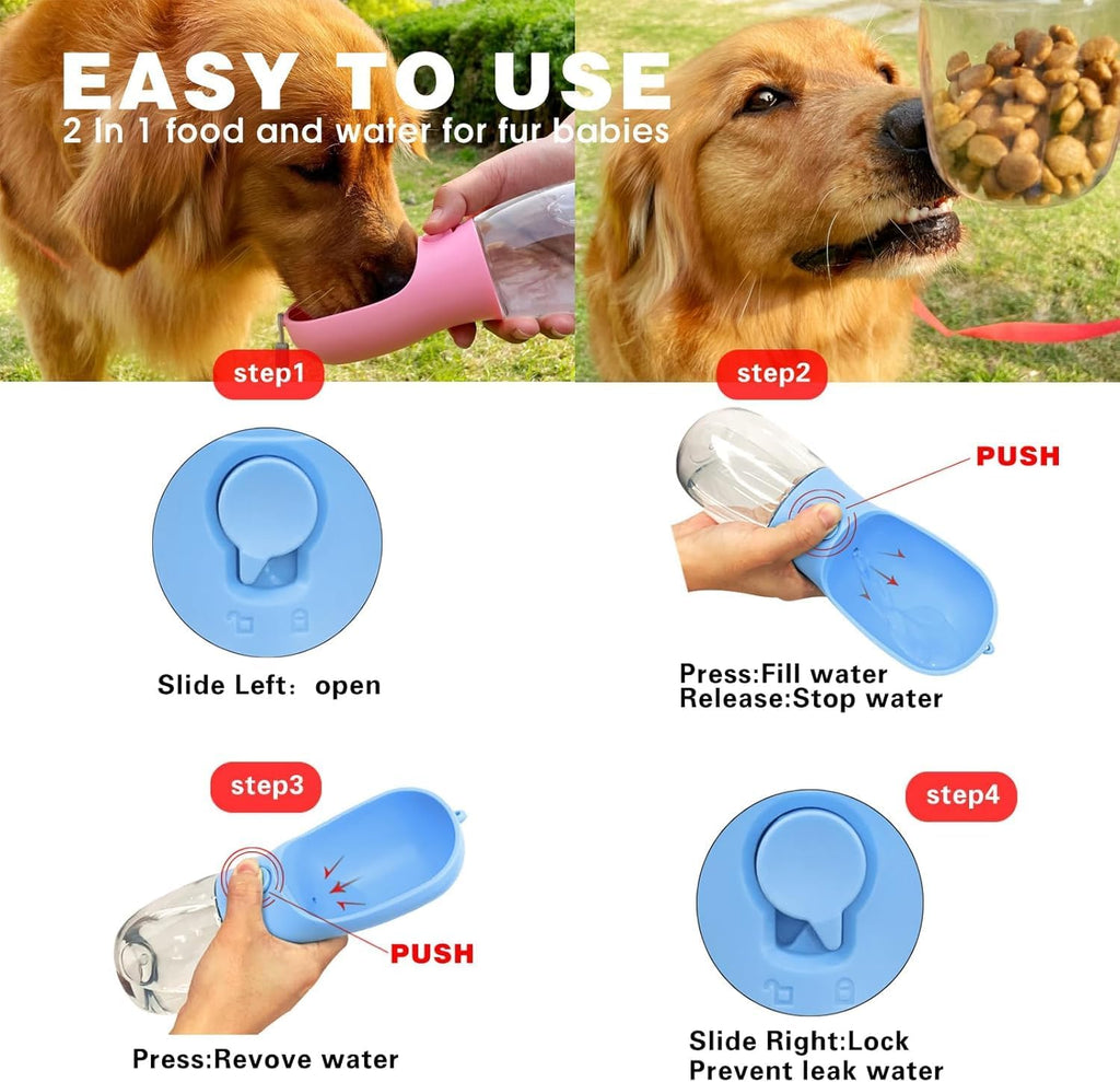 Avelora dog travel bottle showing the integrated waste bag compartment at the base.