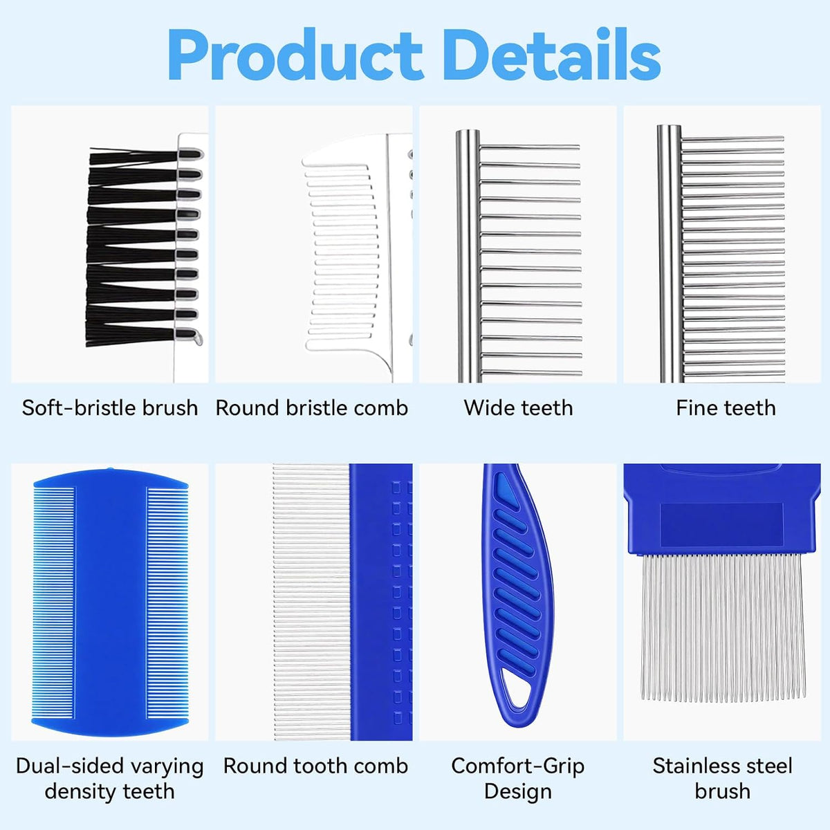 Six piece professional pet grooming set including fine tooth lice combs and dematting tools for dogs.
