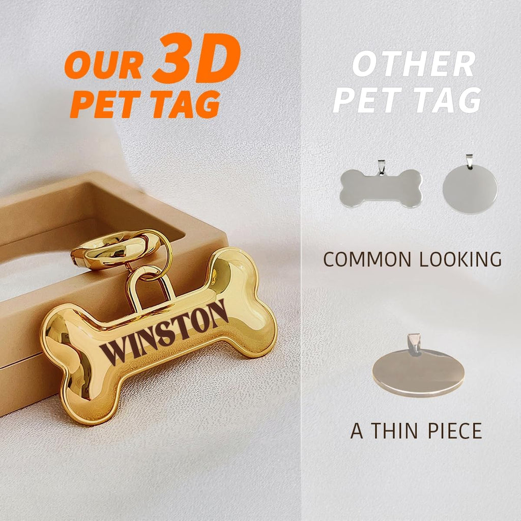Jewelry grade engraved dog tag with secure metal lobster clasp attachment.