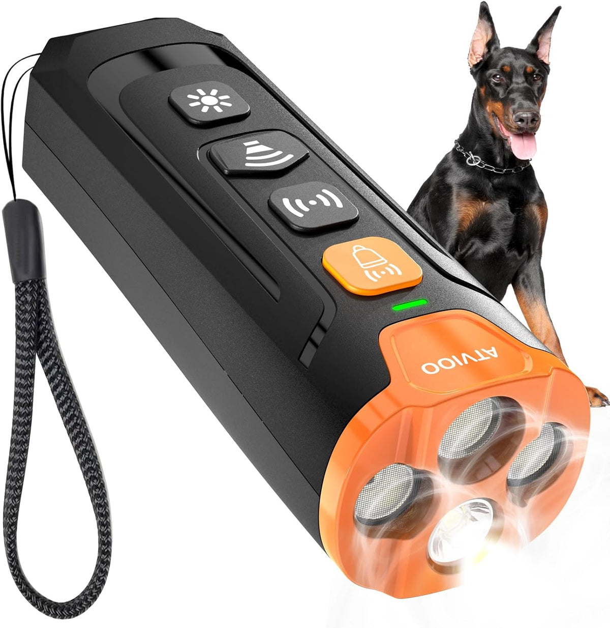 Atvioo Dog Bark Deterrent Device front view with orange emitter