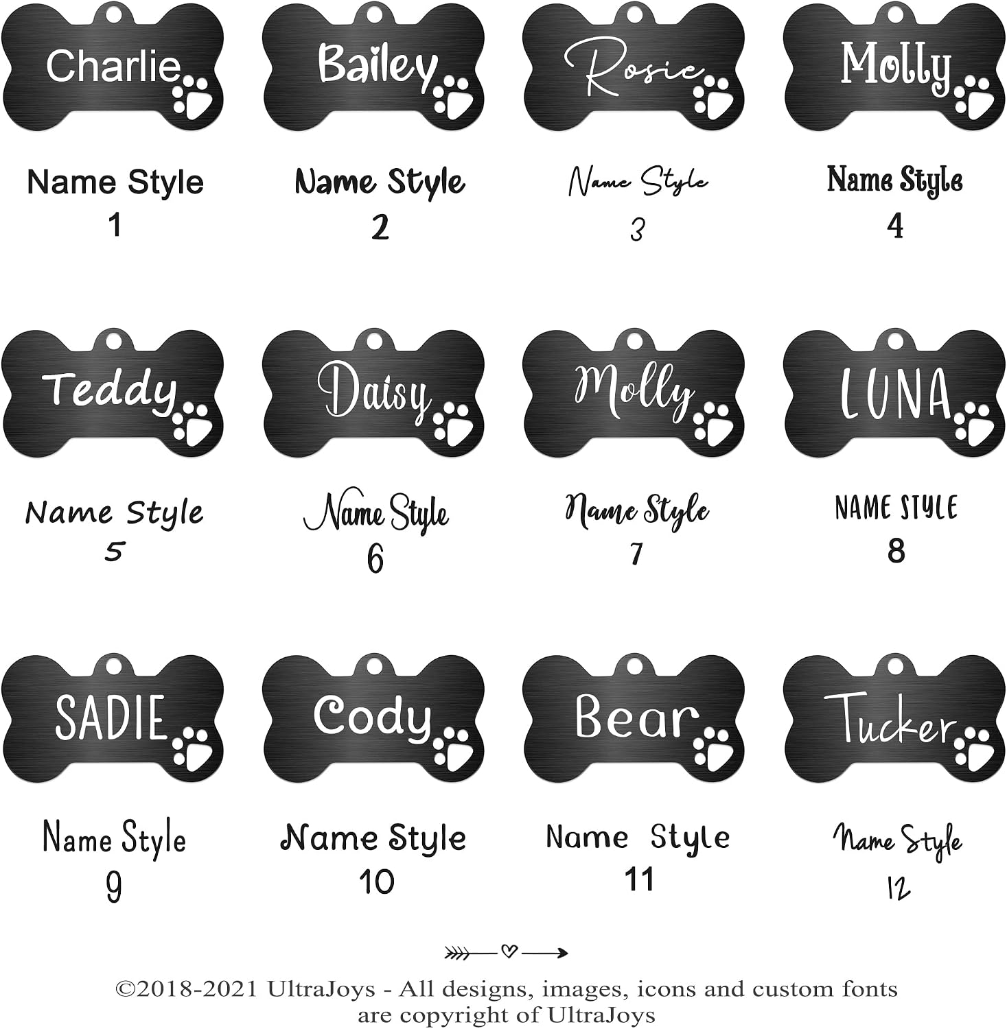 Ultra Joys scratch resistant personalized metal pet tag showcasing the thick brushed finish quality.