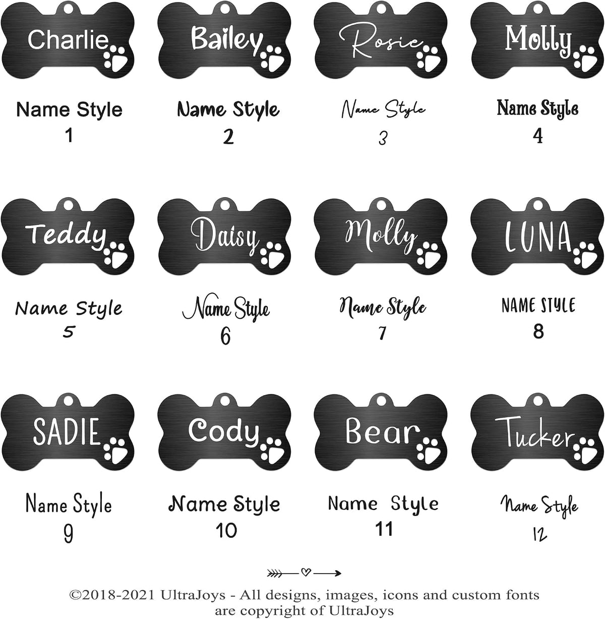 Ultra Joys scratch resistant personalized metal pet tag showcasing the thick brushed finish quality.