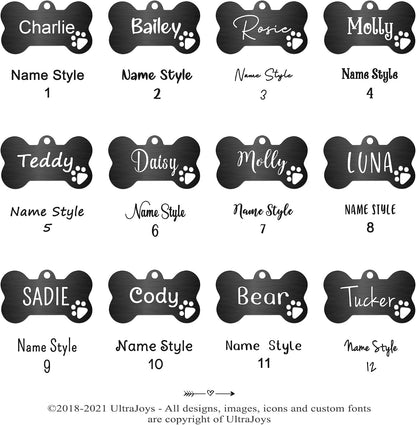 Ultra Joys scratch resistant personalized metal pet tag showcasing the thick brushed finish quality.