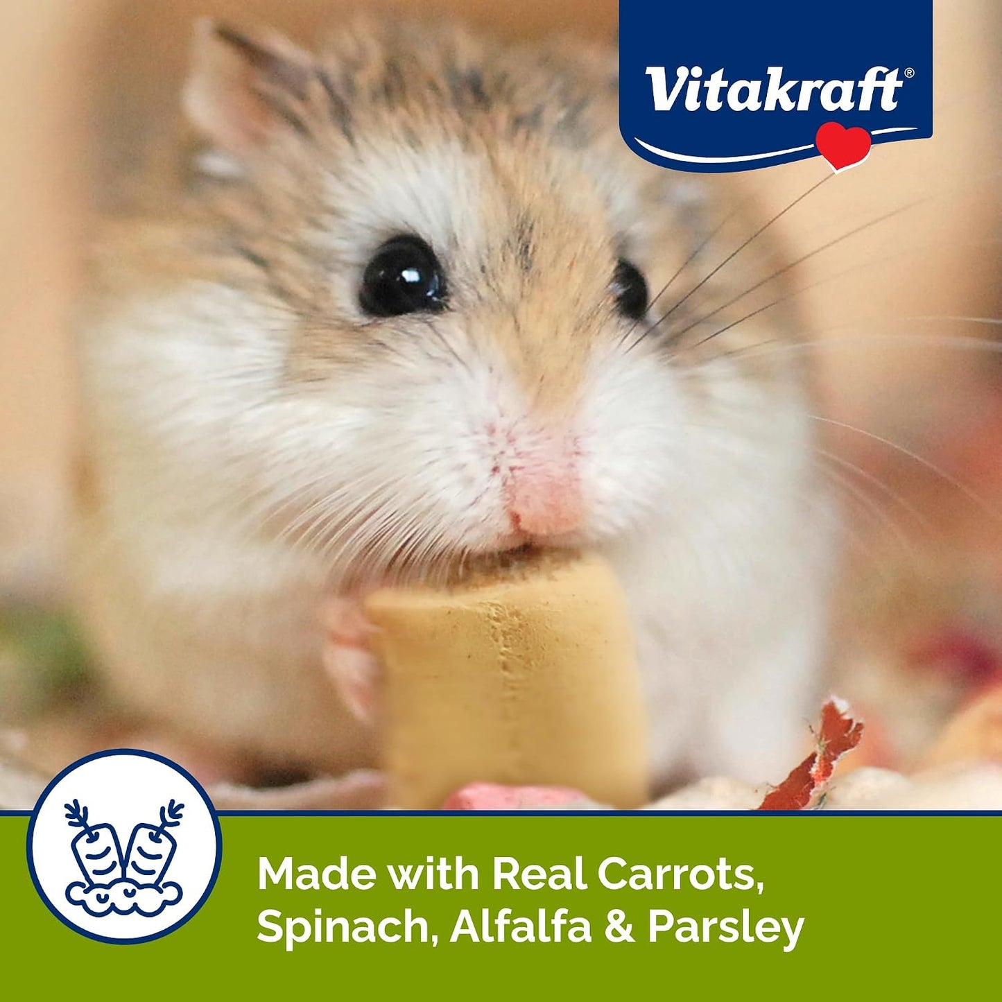 Vitakraft crunchy treats nutritional information and feeding instructions on back panel.