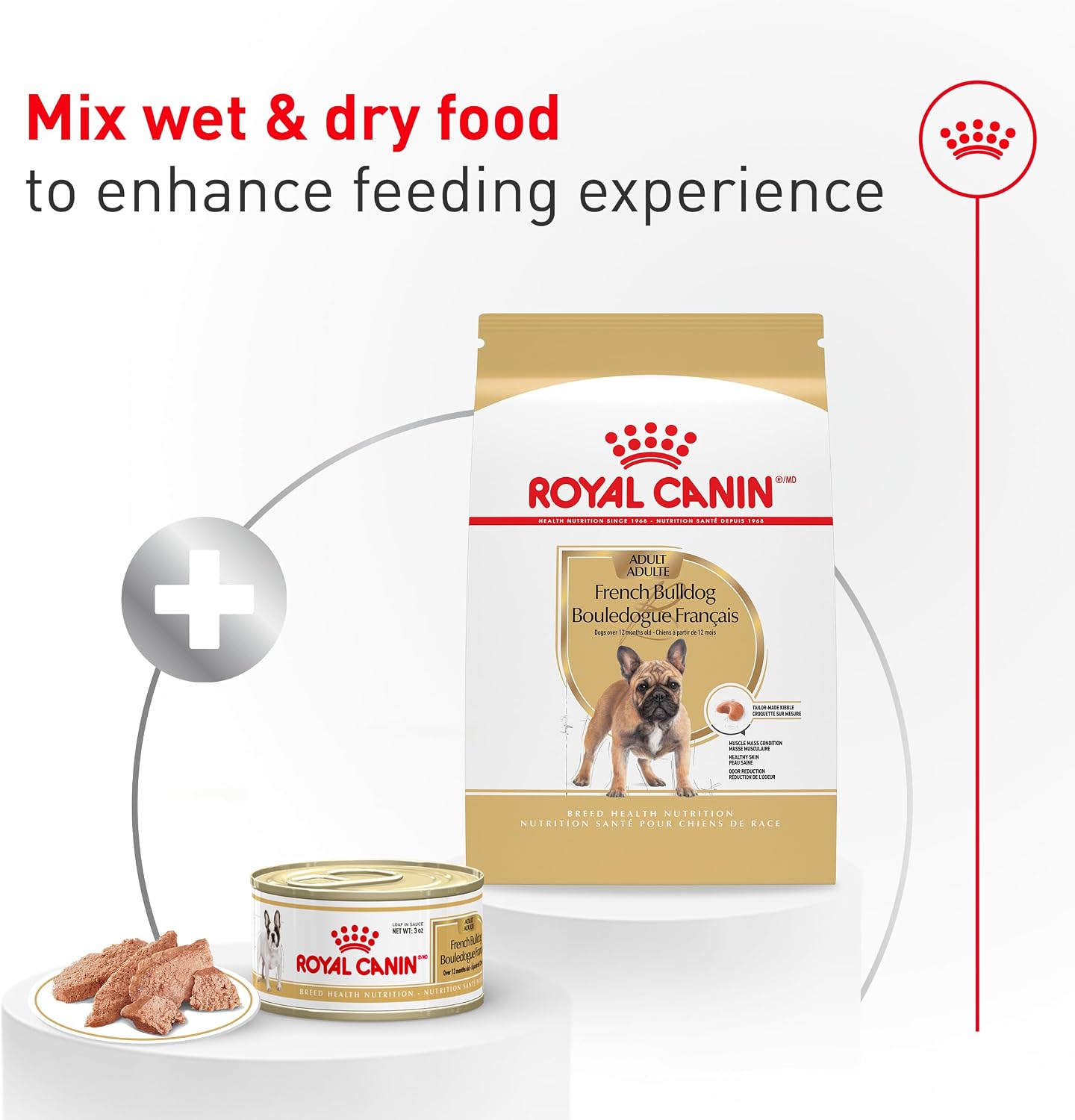 Premium canned dog food showing the bone and joint health support formulation for adult Frenchies.