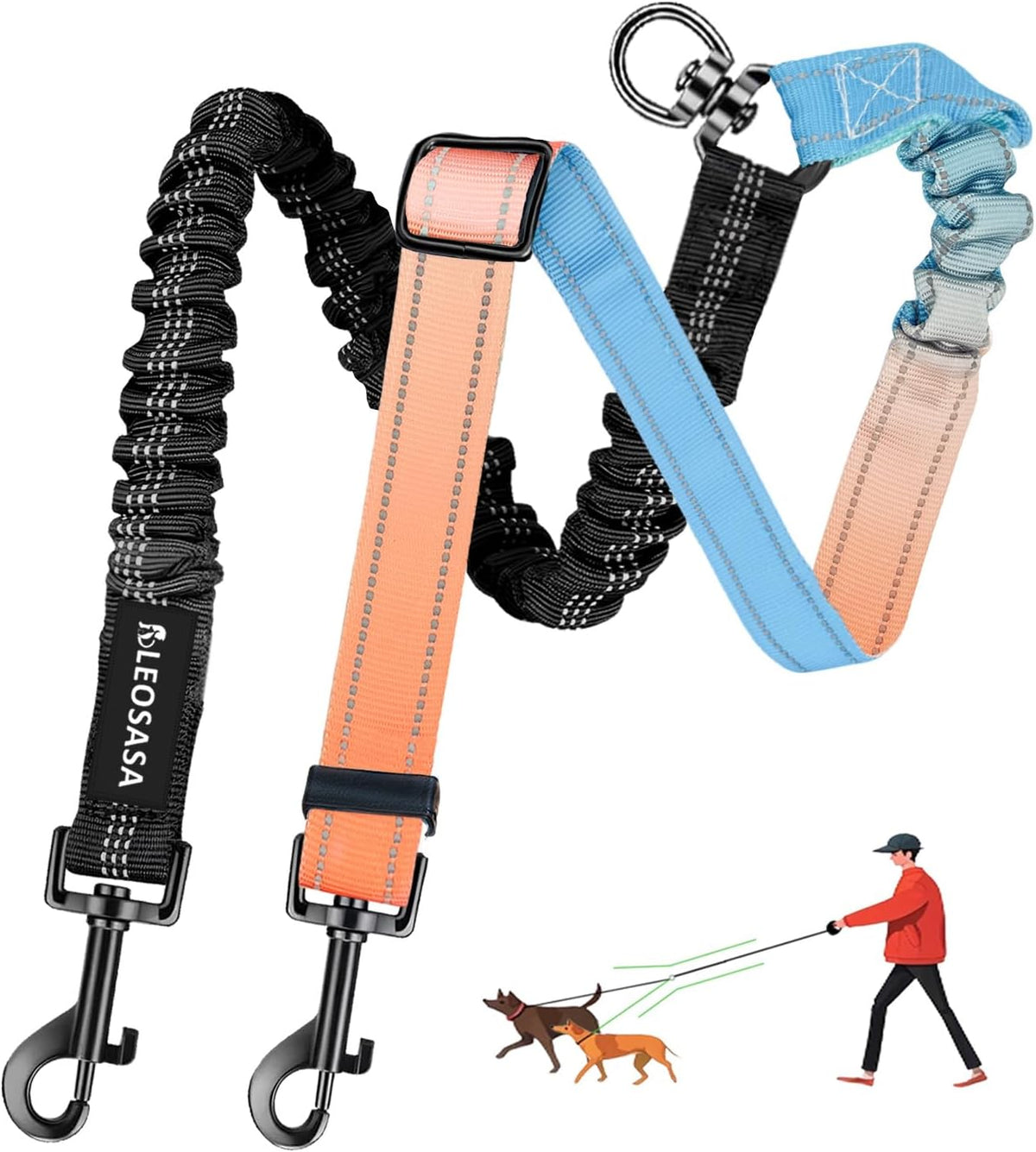 Explosion proof retractable bungee dual dog lead extended to maximum length