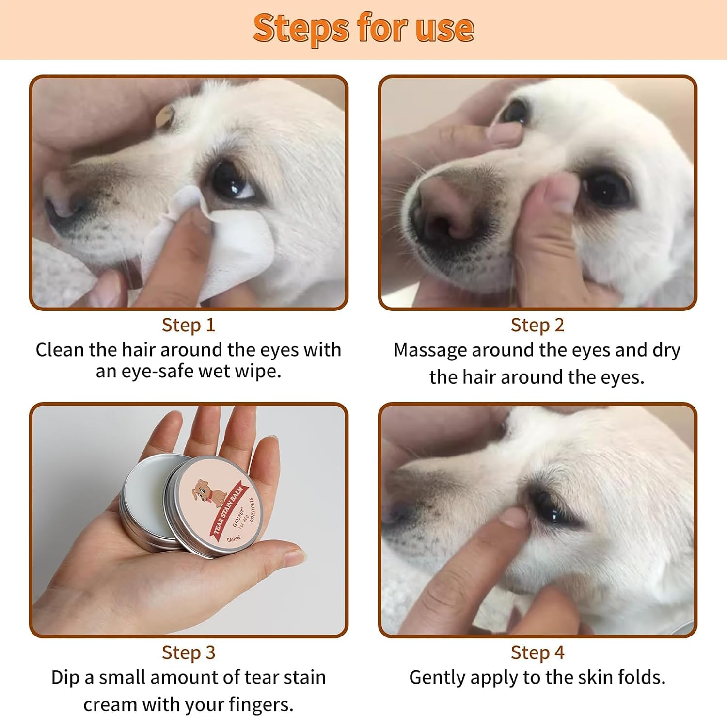 Safe natural formula pet tear stain balm for white dogs.