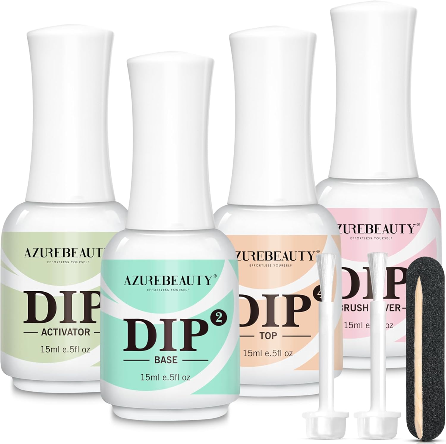 AZUREBEAUTY Dip Powder Liquid Set front view showing base coat activator top coat and brush saver bottles