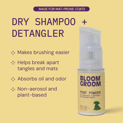 Bloom Groom Poof Powder for dogs demonstrating mat prevention