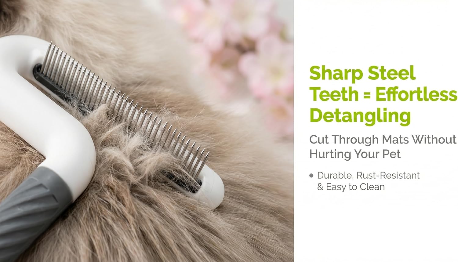Close up of dense metal teeth on TailGurus pet comb for flea removal