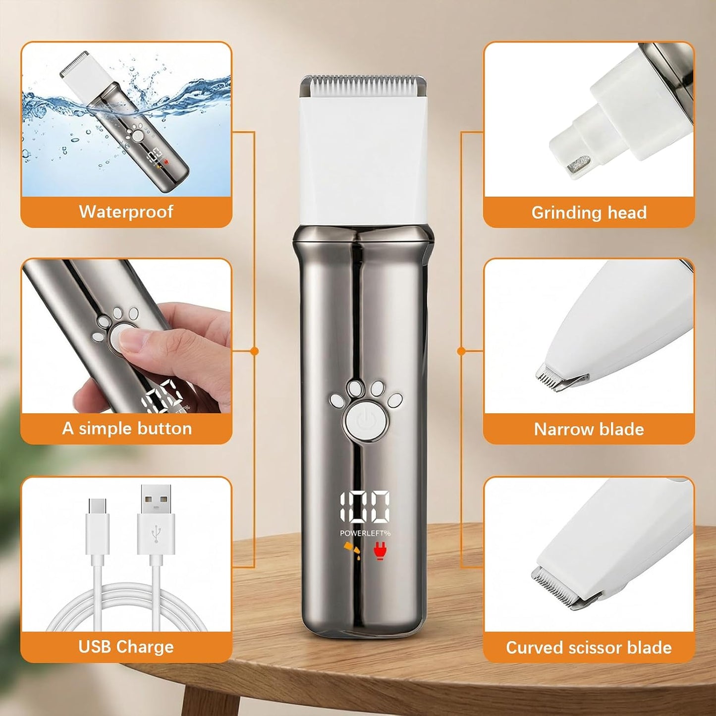 USB rechargeable cordless pet trimmer battery indicator and charging cable setup