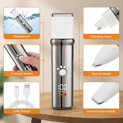 USB rechargeable cordless pet trimmer battery indicator and charging cable setup