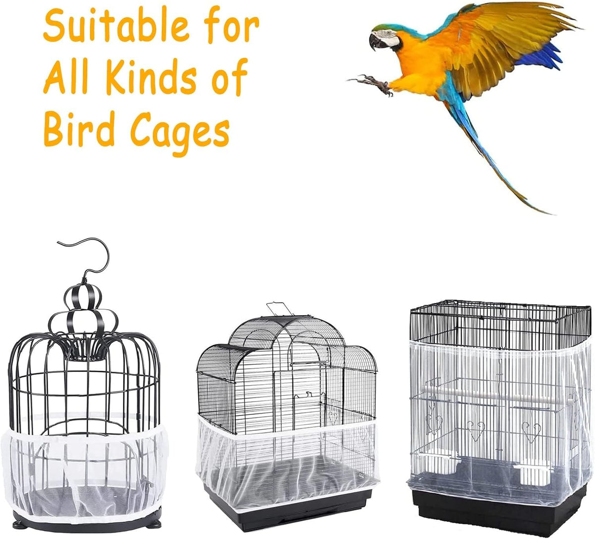 Pet bird cage accessorized with protective net skirt