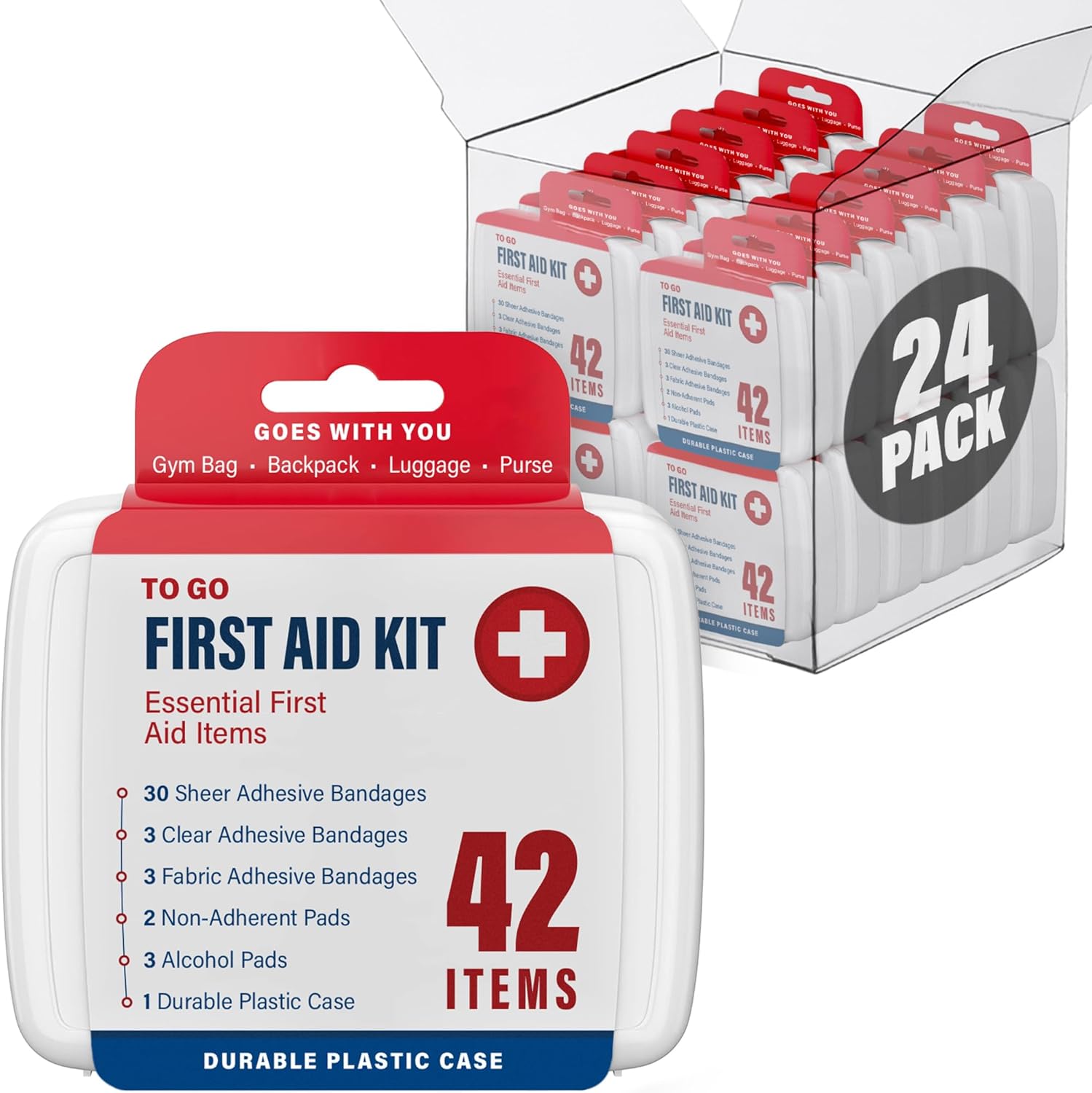 DecorRack 1000 Piece First Aid Kit front view of 24 bulk packs.