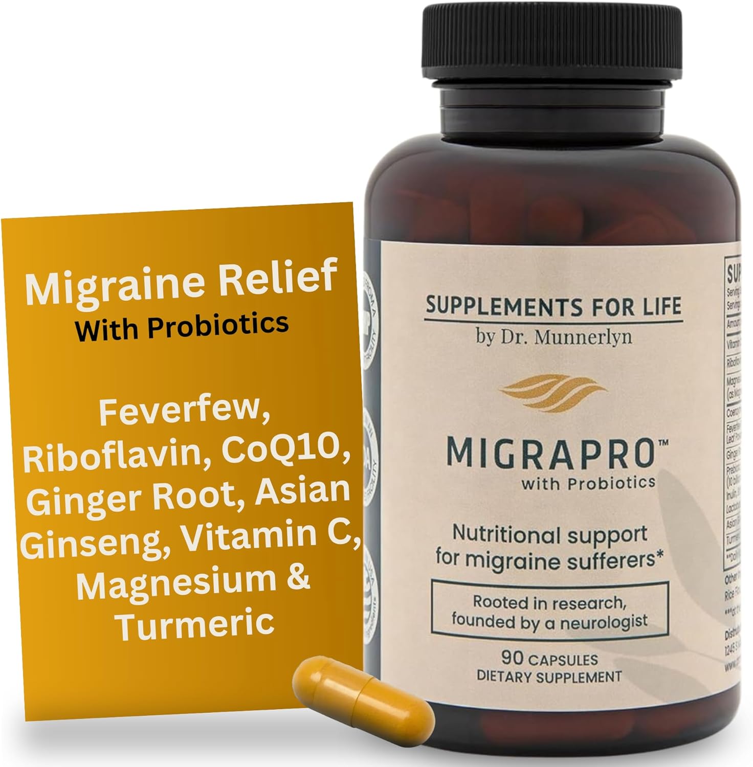 Dr. Munnerlyn MigraPro front view bottle showing 90 capsules label for brain and gut support