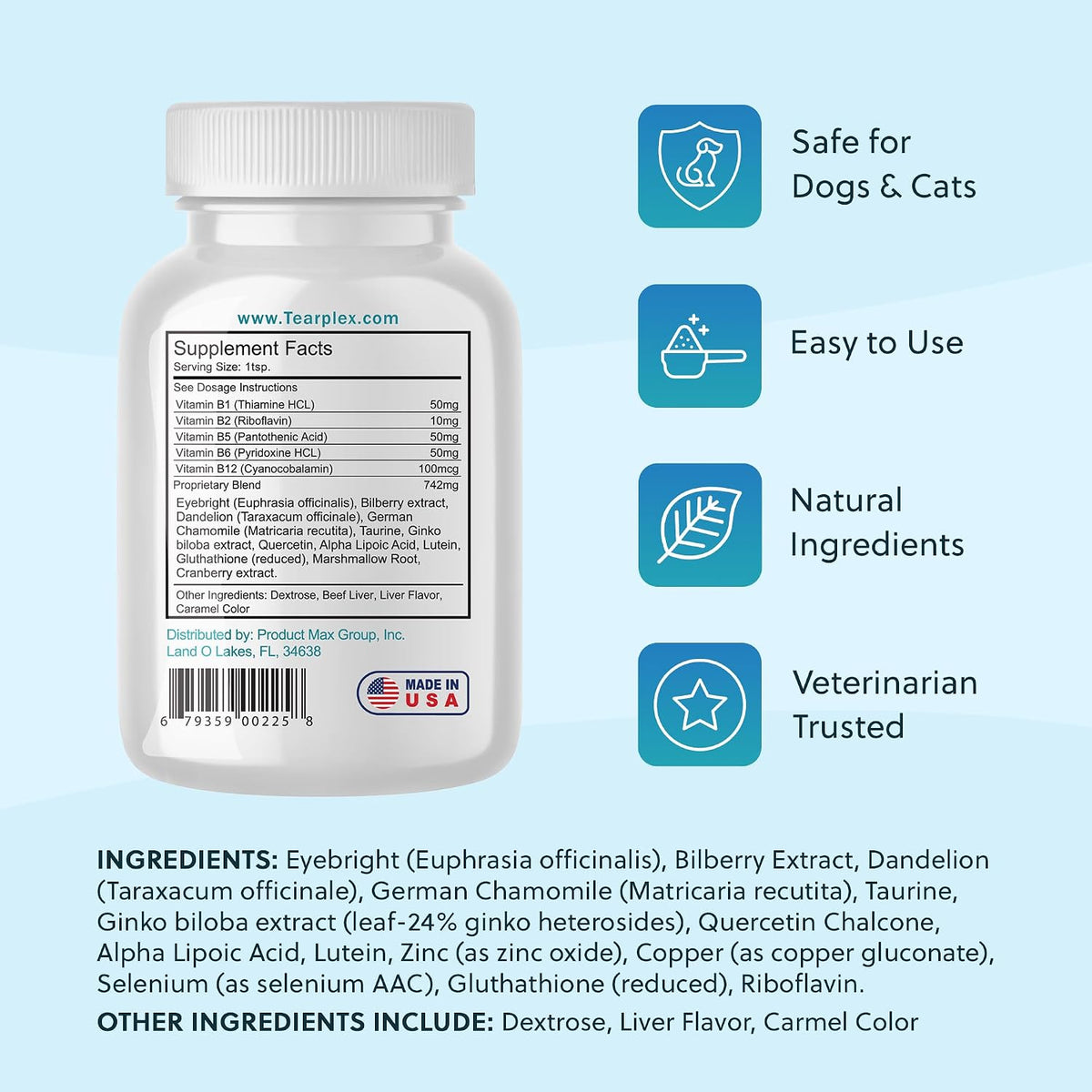 Tearplex natural pet eye health supplement container on solid background