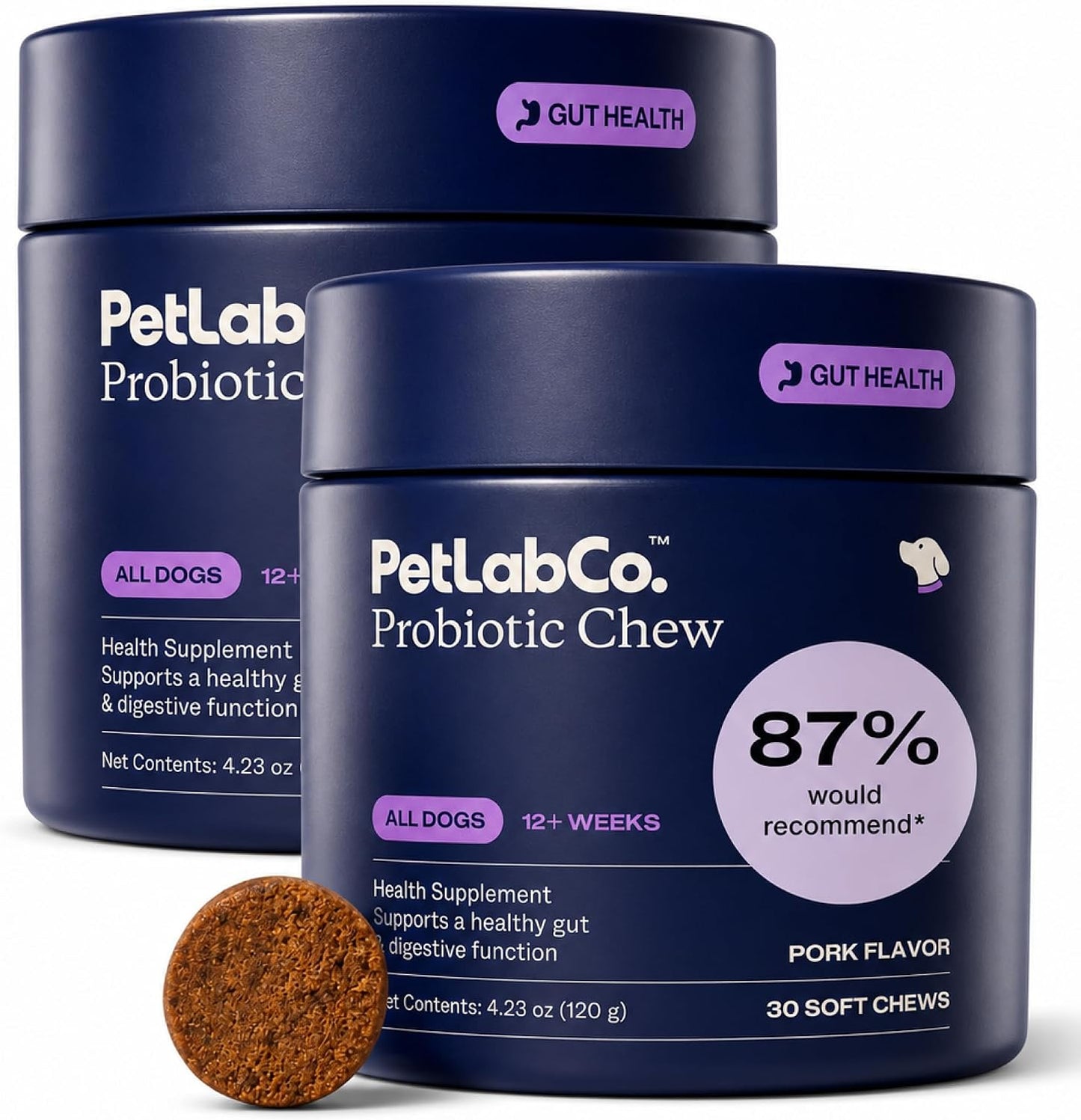 PetLab Co. Probiotics for Dogs front packaging showing pork flavor soft chews