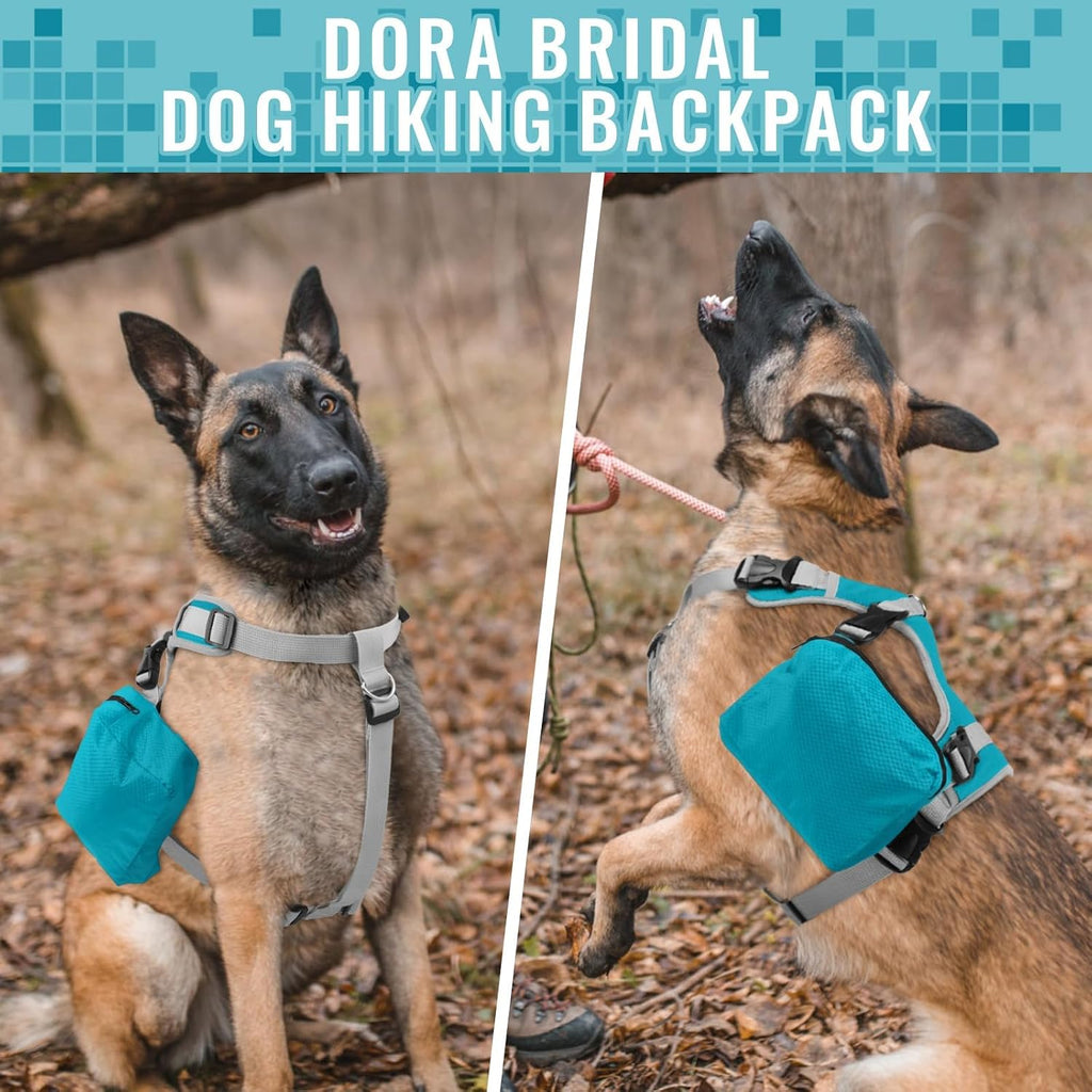 Side view of Dora Bridal blue dog backpack showing symmetrical weight distribution pockets